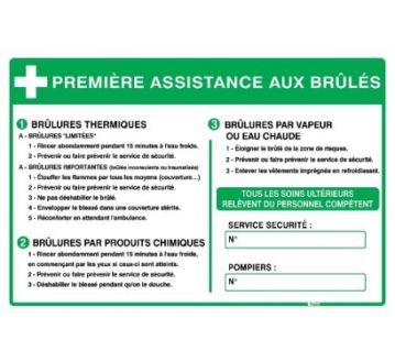 Panneau « Première assistance aux brûlés »