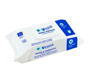 SACHET 80 LINGETTES HYDROALCCOLIQUE DESINFECTANTES MAINS ET SURFACES